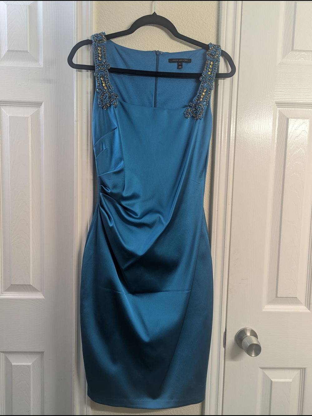 David Meister Teal Embellished Satin Sheath Dress